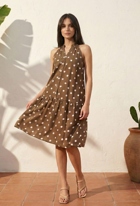 Picture of Brown Polka Dot Drop Waist Dress