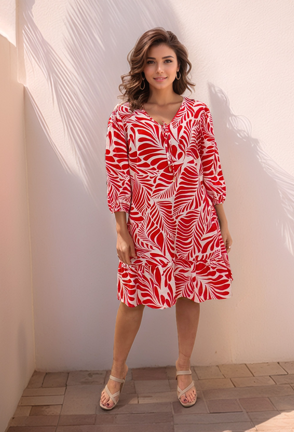 Picture of Red Leaf Print Tunic Dress