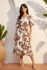 Picture of Women's Brown Floral Midi Dress with Tie Waist