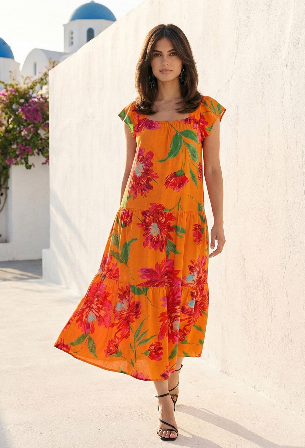 Picture of Orange Floral Flared Midi Dress