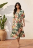 Picture of Women's Beige Tropical Floral Printed Midi Dress