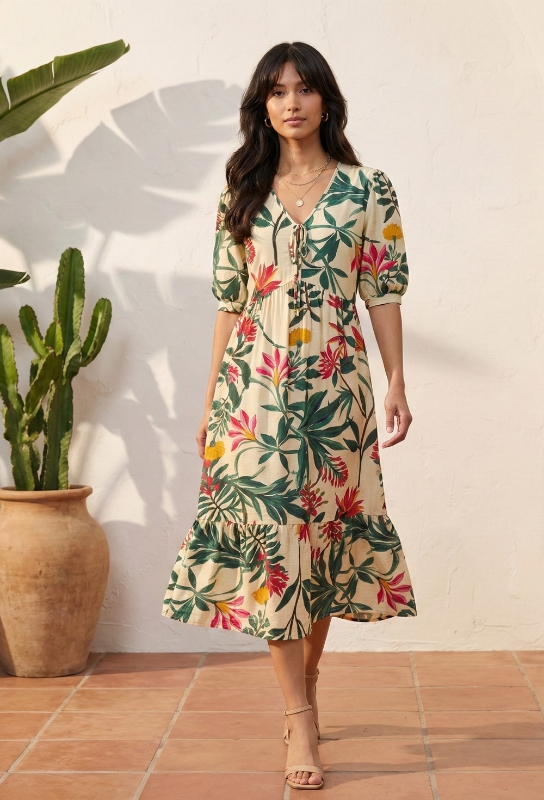 Picture of Women's Beige Tropical Floral Printed Midi Dress