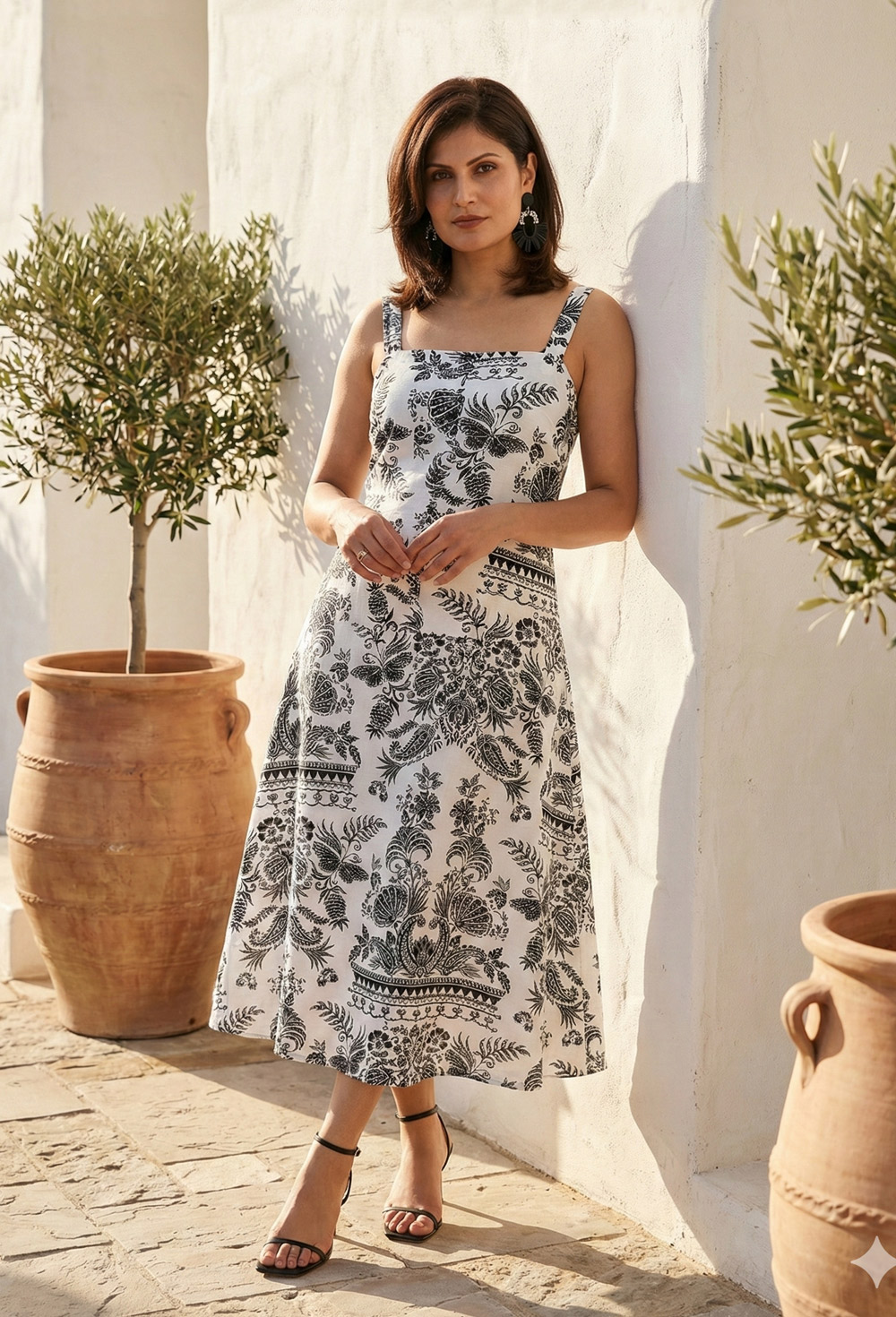 Picture of Black & White Embroidery Print A line Dress