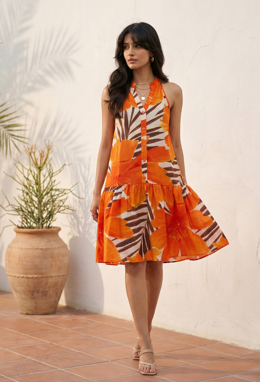 Picture of Tangerine Burst Halter Drop Waist Dress