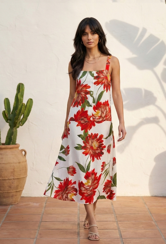 Picture of Tropical Ember Flower Midi Dress Fabric: Rayon Nylon