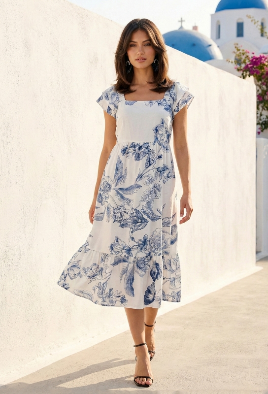 Picture of Santorini Blue Toile De Jour Midi Dress